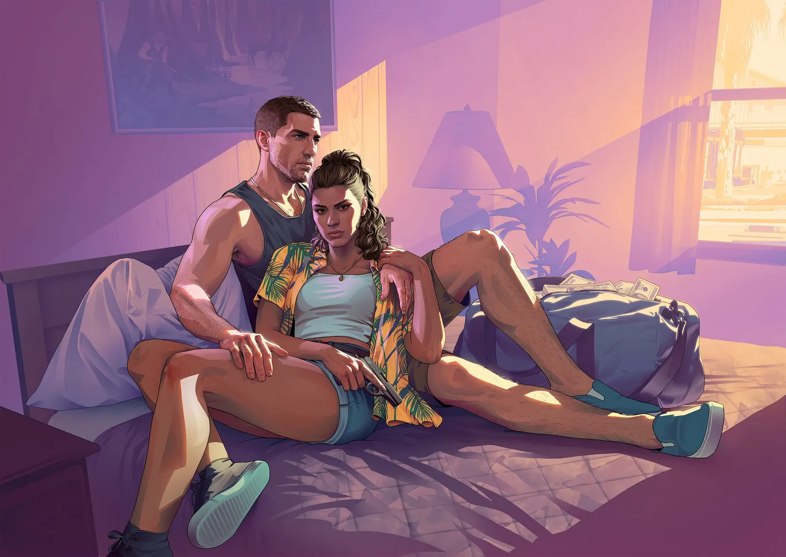 Illustration of Jason and Lucia together in a motel room at sunset