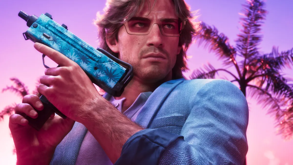 Lucia and Jason in vintage Vice City attire under neon